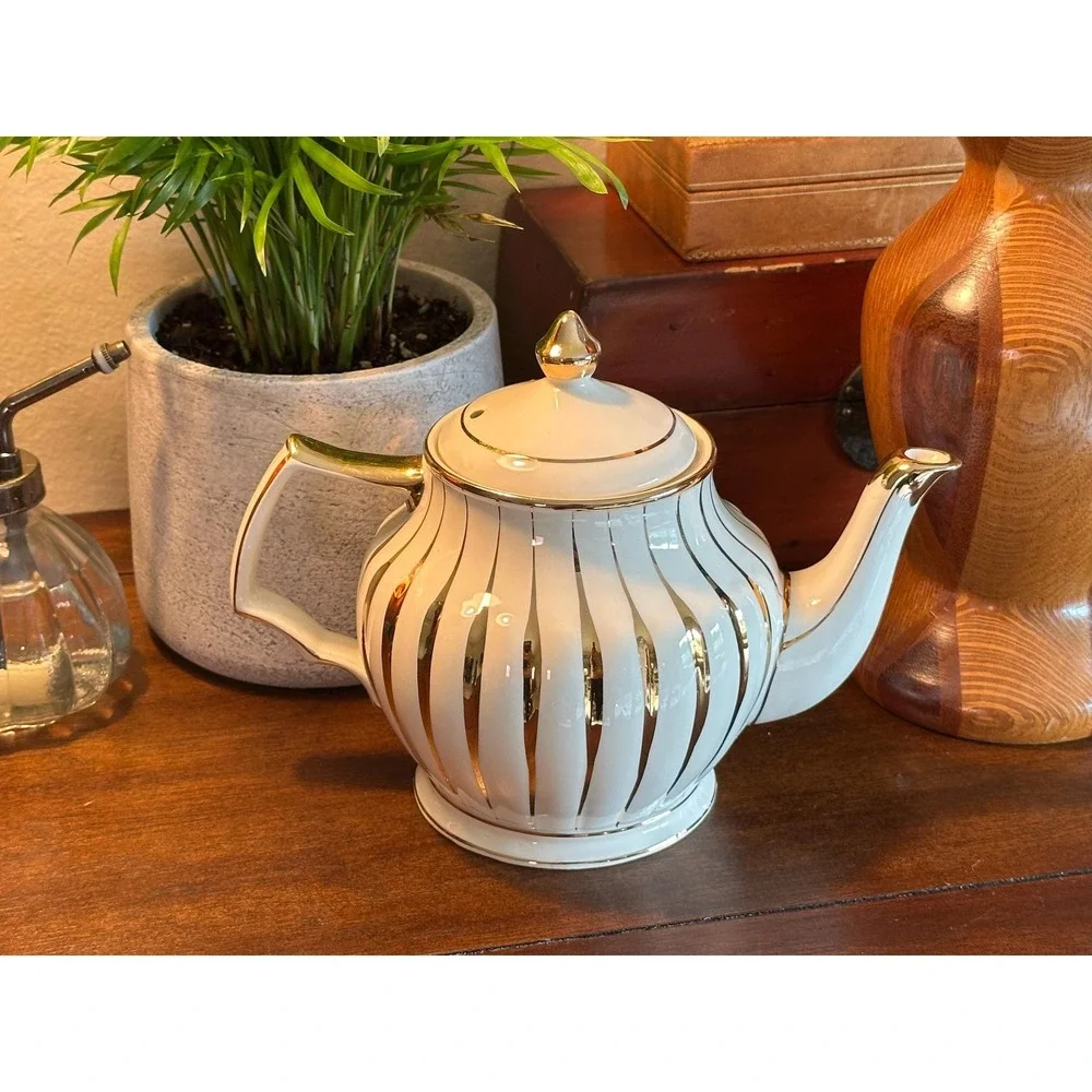 Vintage Sadler Teapot Cream Gold Striped English Porcelain Tea Pot